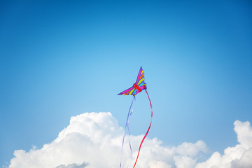 Bright colorful kite in the blue sky with clouds, freedom and travel concept