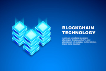 Cryptocurrency and blockchain technology isometric illustration. High technology of future. Concept of big data processing, virtual storage, server room rack, data center. 3d Vector banner, eps10