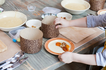 culinary class for children and parents - cooking Easter cake, on the table lie ingredients and tools for work