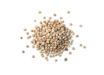 Pile of green lentil isolated on white, Top view.