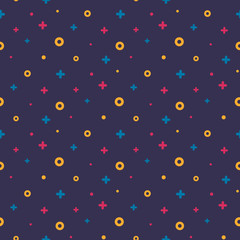 Geometric memphis retro seamless pattern 80s - 90s style. Trendy texture with color funky shapes on violet background. Vector illustration in memphis pop art style for fabric print or poster template