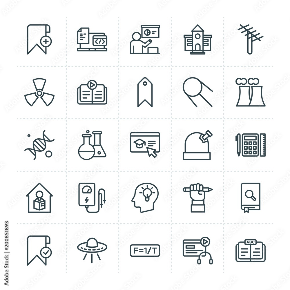 Poster modern simple set of science, bookmarks, education vector outline icons. ..contains such icons as bl