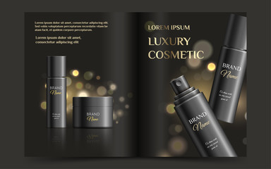 A beautiful cosmetic magazine template, 3d black illustration with black bottle for spray and jar for moisturizing cream, vector makeup top view