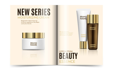 A beautiful cosmetic magazine template, beauty essence 3d illustration with golden bottle white tube and jar for moisturizing cream, vector makeup top view