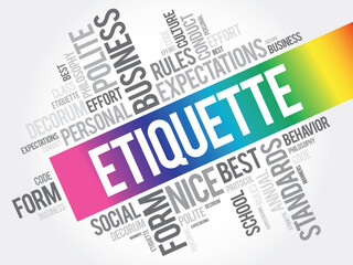 Etiquette word cloud collage, social business concept on blackboard