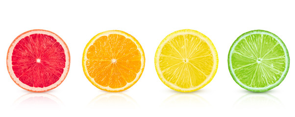 Isolated citrus. Fresh fruits sliced in a row on a white background