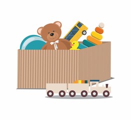 Kids toys concept. Teddy Bear and clorful toys, wooden toy train in paper box	