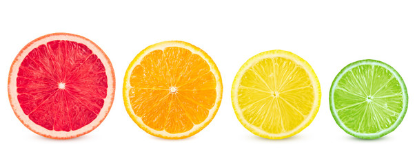 Isolated citrus. Fresh fruits sliced in a row on a white background
