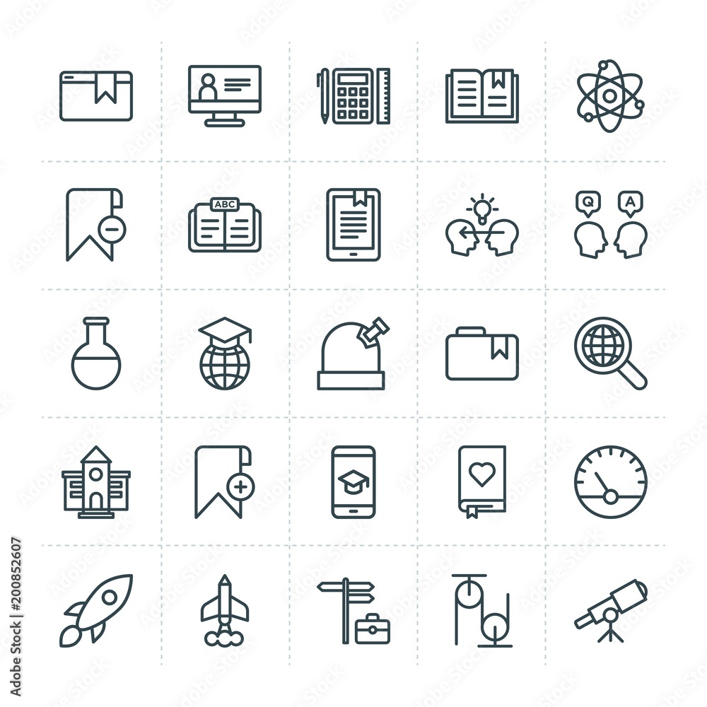 Poster modern simple set of science, bookmarks, education vector outline icons. ..contains such icons as le
