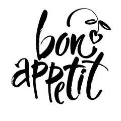 Bon appetit card. Hand drawn lettering background. Ink illustration. Modern brush calligraphy. Isolated on white background.