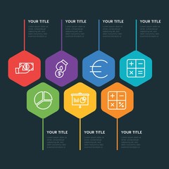 Flat geometric business, money, charts infographic steps template with 7 options for presentations, advertising, annual reports