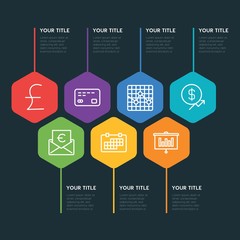 Flat geometric business, money, charts infographic steps template with 7 options for presentations, advertising, annual reports