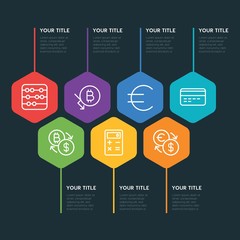 Flat geometric business, money, charts infographic steps template with 7 options for presentations, advertising, annual reports