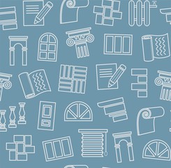 Finishing materials, construction, seamless pattern, contour drawing, dark blue, color, vector. Finishing of premises and buildings. Color, flat background. Linear white pattern on a blue field.