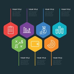 Flat geometric business, money, charts infographic steps template with 7 options for presentations, advertising, annual reports
