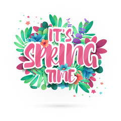 Fototapeta premium Design symbol it's spring time. Banner with flower and leaf for spring promotion and sale. Nature floral decoration layout template. Vector
