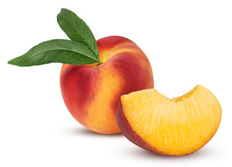 Ripe peach fruit with leaf and slice