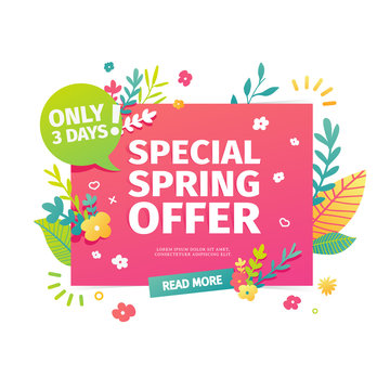 Template design horizontal web banner for spring offer. Advertising poster with a decor of flowers and leaves frame. Badge for the spring sale in a flat style.  Vector