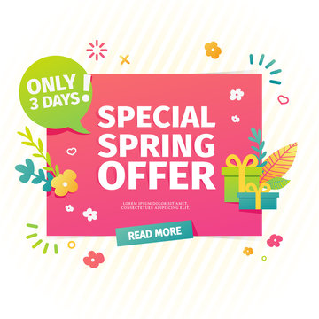 Template design horizontal web banner for spring offer. Advertising poster with a decor of flowers and leaves frame. Badge for the spring sale in a flat style.  Vector