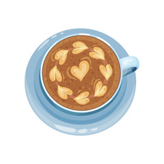 Cappuccino cup with hearts on top, drawings on coffee crema vector Illustration on a white background