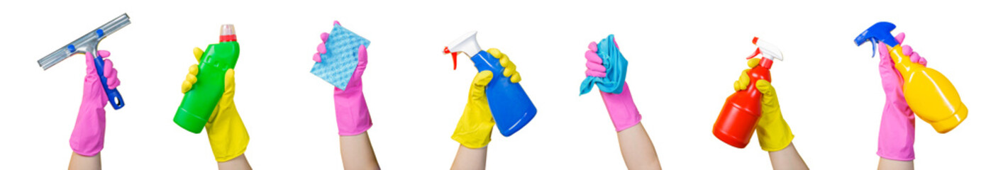 Cleaning concept - hands holding supplies, isolated