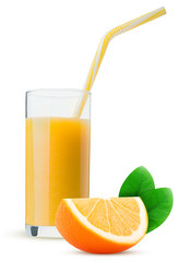 Glass of fresh orange juice with a yellow striped straw and oranges slice green leaves