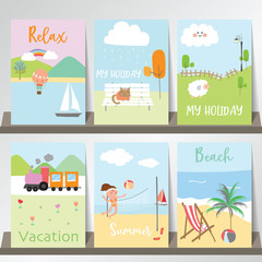 Travel greeting card with sea,sky,ship,balloon,rainbow,beach,sheep,fench,train,volleyball,tree,cat and girl