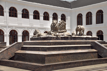 COLOMBO, SRI LANKA -March 17, 2018:  Arcade Independence building. Pedestal with lions