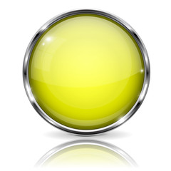 Glass yellow button. Round 3d button with metal frame. With reflection on white background