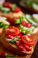 Breakfast sandwich with homemade paste, vegetables and fresh greens, shallow depth of field