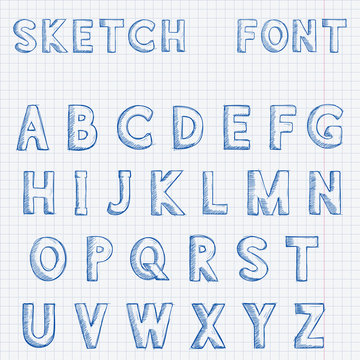 Font. Alphabet letters. Blue hand drawn sketch on lined paper background