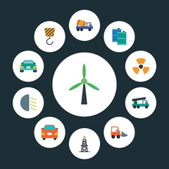 transports, industry Infographic Circle flat Icons Set. Contains such Icons as  rig,  sedan, construction,  vehicle, car,  auto,  bright,  danger, light and more. ..Fully Editable. Pixel Perfect..