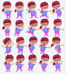 Cartoon character girl with glasses. Set with different postures, attitudes and poses, always in negative attitude, doing different activities in vector vector illustrations.