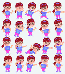 Cartoon character white girl with glasses. Set with different postures, attitudes and poses, doing different activities in isolated vector illustrations.