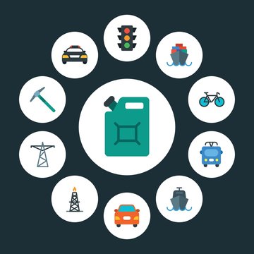 transports, industry Infographic Circle flat Icons Set. Contains such Icons as  building,  cable,  tanker,  gas,  vehicle,  transport,  tower, fuel, power and more. ..Fully Editable. Pixel Perfect..
