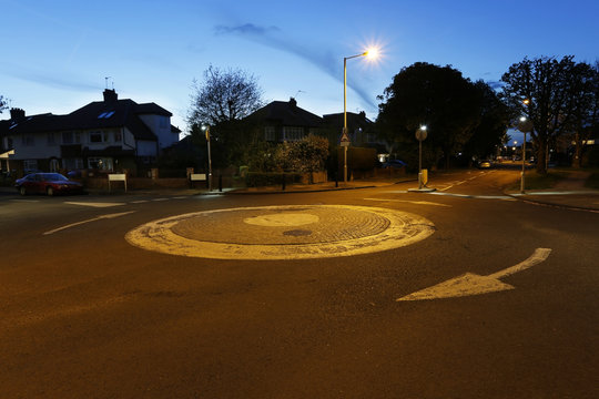 Night View Of A Small Roundabout At Local Residential Area, London, UK.
