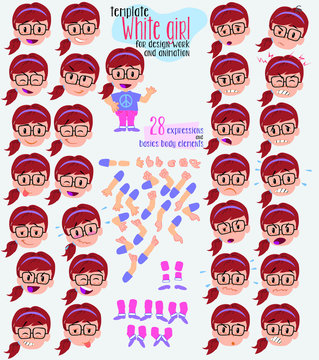 White girl with glasses. Twenty eight expressions and basics body elements, template for design work and animation. Vector illustration to Isolated and funny cartoon character.