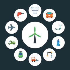 transports, industry Infographic Circle flat Icons Set. Contains such Icons as  speed, change,  alternative,  transport,  distribution, car,  windmill, air and more. ..Fully Editable. Pixel Perfect..