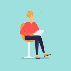 Man is sitting with a laptop. Flat design vector illustration.