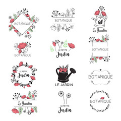 Boho & Romantic girly hand drawn logo Collection. Botanical and Floral elements for brands and company names