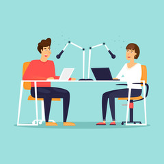 Man and a woman are working on the radio. Flat design vector illustration.