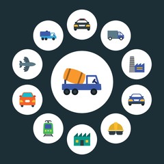 transports, industry Infographic Circle flat Icons Set. Contains such Icons as  automobile,  industrial,  automotive,  mixer,  police,  design,  emergency and more. ..Fully Editable. Pixel Perfect..