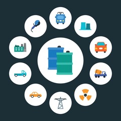 transports, industry Infographic Circle flat Icons Set. Contains such Icons as  tank,  cement, truck,  bus,  side,  worker,  plant, building,  car,  tower and more. ..Fully Editable. Pixel Perfect..