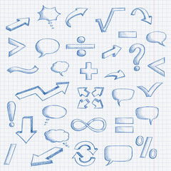 Set of hand drawn elements. Mathematics and punctuation symbols, arrows, speech bubbles. Blue doodle on lined paper background
