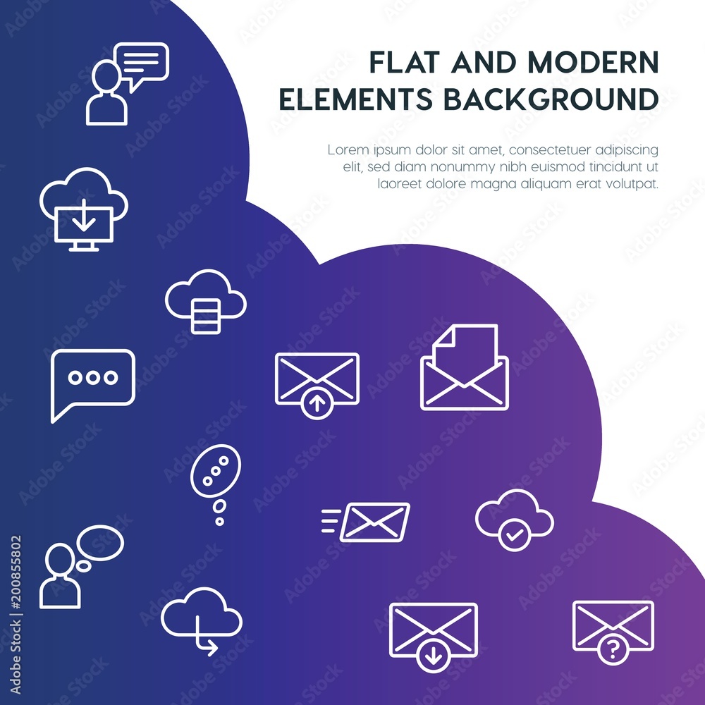 Poster cloud and networking, chat and messenger, email outline vector icons and elements background concept