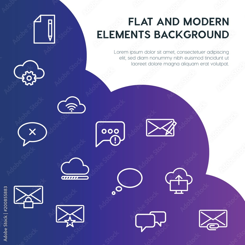 Poster cloud and networking, chat and messenger, email outline vector icons and elements background concept
