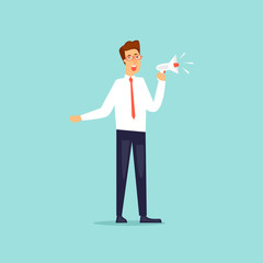Businessman talking in loudspeaker. Flat design vector illustration.