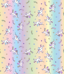 Vector illustration of seamless pattern from unicorns on pastel rainbow background. Unicorn texture