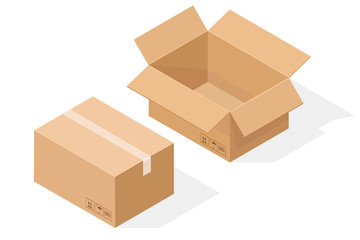 Brown paper cardboard box. Open and sealed, with shadow. Isometric vector illustration
