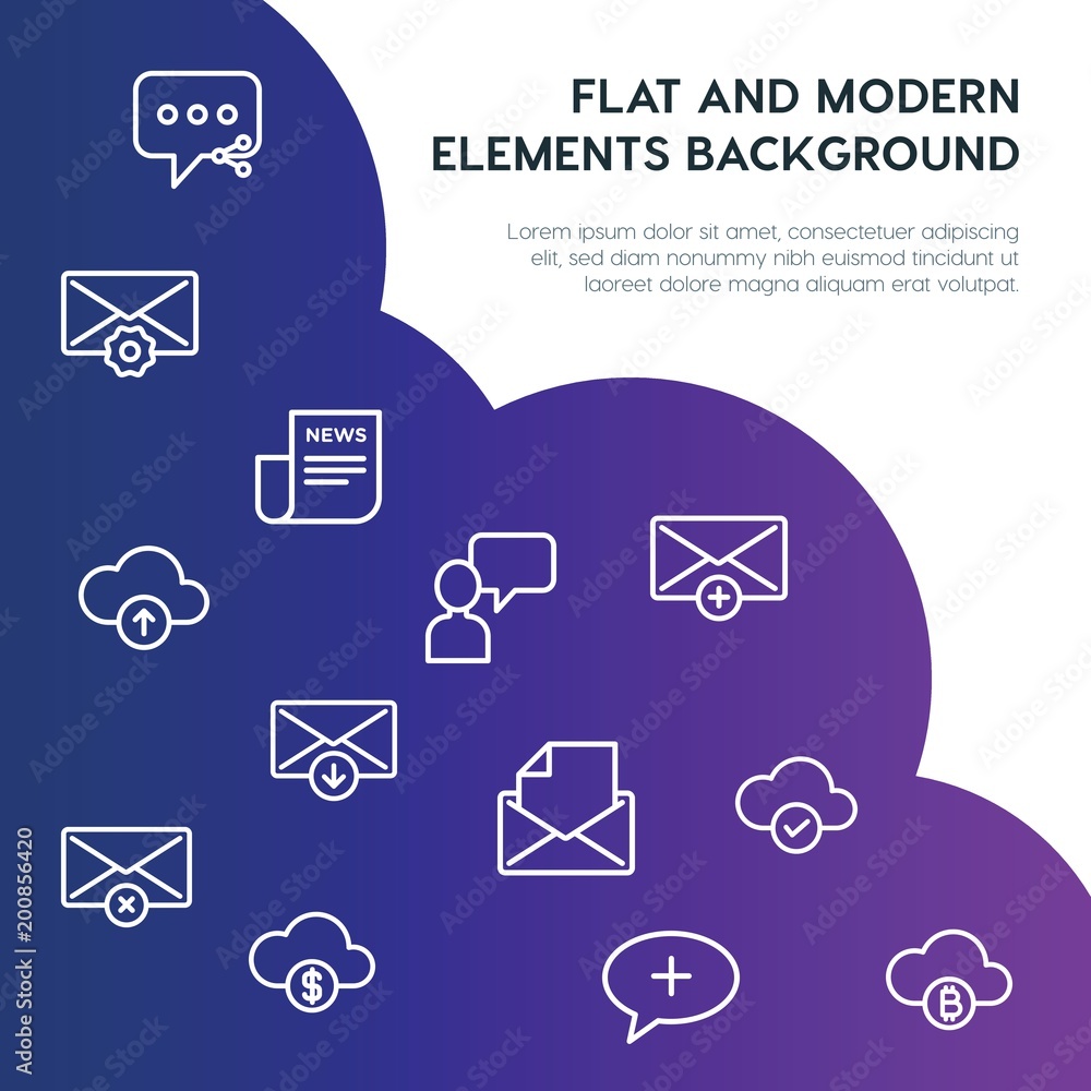 Poster cloud and networking, chat and messenger, email outline vector icons and elements background concept